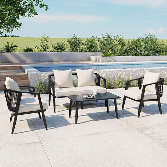 GDFStudio Aoxwe 4 Piece Outdoor Conversation Set, Rope Woven Club Chairs, Woven Open Back Loveseat, Slats Panel Design Coffee Table, Iron Frame Sectional Conversation Set for Poolside, Beige
