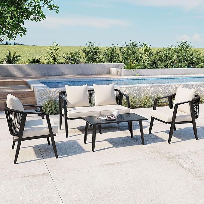 Montary 4-Piece Outdoor Patio Furniture Set, U-Shaped Iron-Frame Conversation Set with Weather-Resistant Cushions & Metal Coffee Table - Durable for Garden, Backyard, Balcony, Poolside (Black)