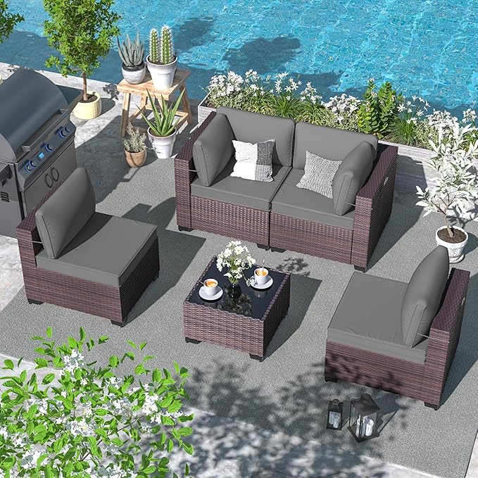 ALAULM 5 Pieces Patio Furniture Set Wicker Patio Conversation Set, Outdoor Sectional Furniture w/Coffee Table & Washable Seat Cushions-Grey