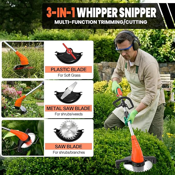 Cordless Weed Wacker, Grass Trimmer with 3 Types Blades and 2.0Ah Li-Ion Battery Powered,12V Electric Weed Trimmer/Edger for Garden Yard Work and Lawn Care（Orange）
