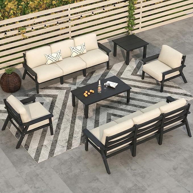 10 Piece Outdoor Patio Furniture Set, Outdoor Couch with Washable Thick Beige Cushions, Coffee Table & Side Table, Patio Conversation Sets for Lawn, Garden, Porch, Balcony (Grey Frame)