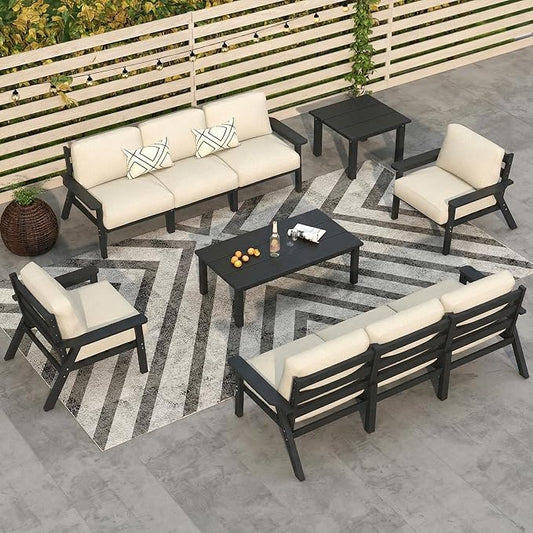 10 Piece Outdoor Patio Furniture Set, Outdoor Couch with Washable Thick Beige Cushions, Coffee Table & Side Table, Patio Conversation Sets for Lawn, Garden, Porch, Balcony (Grey Frame)