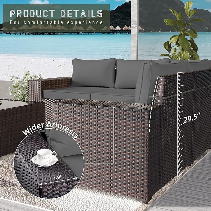 8 PCS Outdoor Patio Furniture Set,Outdoor Sectional Furniture All Weather PE Rattan Wicker Patio Conversation Set with 2 Ottomans and Coffee Table,Grey