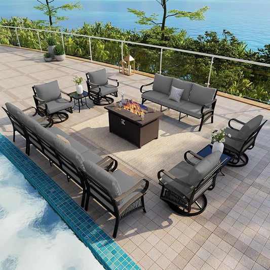 11-Piece Outdoor Furniture Set, Metal Swivel Rocking Chairs with All-Weather Cushions, Patio Conversation Set with Fire Pit Table for Deck, Porch, Garden, Backyard, Poolside (Gray Cushions)
