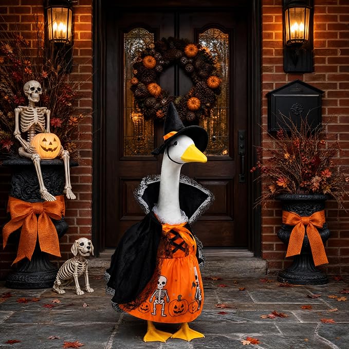 Porch Goose Outfits for 23 Inch Statue, Halloween Witch Dress Hat and Cape Set, Porch Goose Clothes for Patio Yard Garden Decor