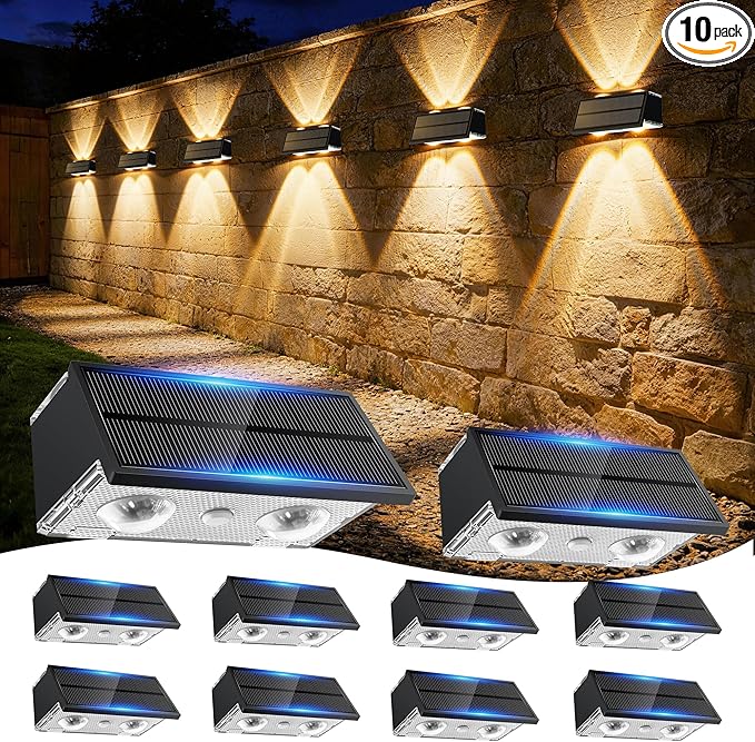 Solar Fence Lights Outdoor, 10 Pack 100LM Fence Lights Solar Powered Waterproof, 9 Color Modes, Up & Down LED Focused Beam, 12H Dusk to Dawn Glow for Pool/Patio/Wall/Backyard - Black