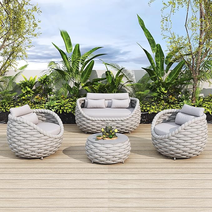Patio Sofa Set for Outdoor and Indoor Use All-Weather Textilene 4 Pieces Conversation Set, Sectional Sofa and Coffee Table Aluminum Frame Garden Furniture (Gray)