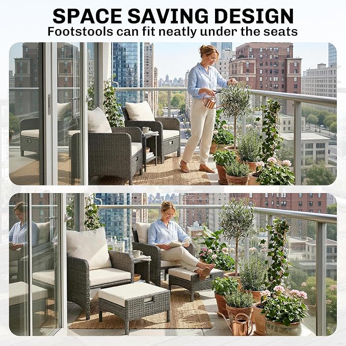 Outsunny 5 Piece Patio Furniture Set, Wicker Balcony Furniture with 23.6" Wide Deep Seat, 2 Ottomans, Glass Coffee Table, Cushions, Rattan Outdoor Conversation Patio Set for Garden Porch, Beige
