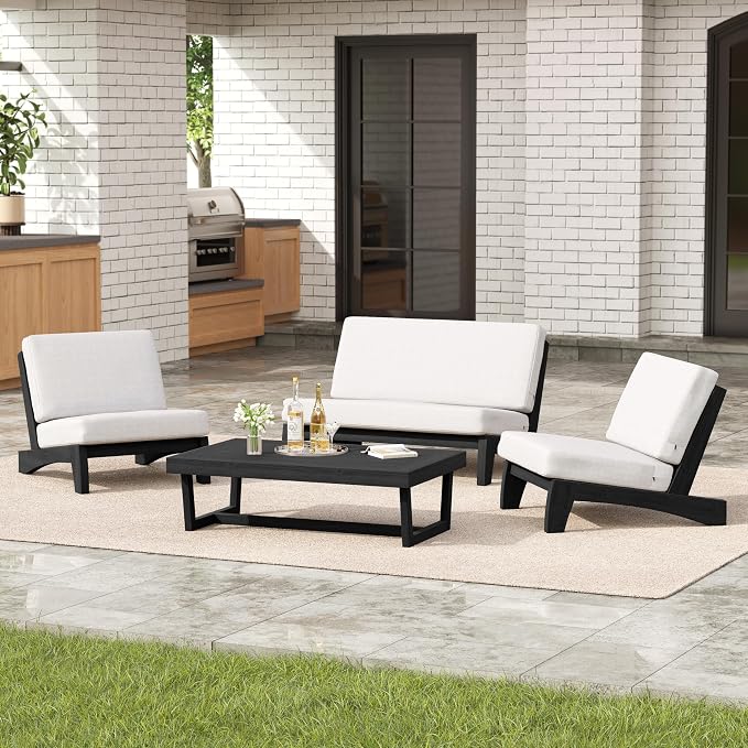 4 Pieces Patio Furniture Sets, All-Weather Outdoor Wood Bistro Set Patio Conversation Coffee Table Chiars and Patio Loveseat for Balcony, Backyard