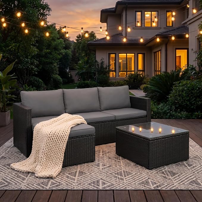 SUNLEI Patio Furniture Set with Detachable Soft Cushions, Outdoor PE Rattan Patio Conversation Sofa Set, 3-Piece Patio Sectional Sofa with Glass Coffee Table (Black Rattan&Charcoal)