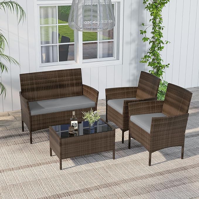 RELAX4LIFE 4-Piece Patio Furniture Set - Rattan Outdoor Conversation Bistro Set w/Cushions, Glass Coffee Table, Wicker Chairs & Loveseat for Garden Backyard Porch, Balcony Furniture Set (1, Grey)