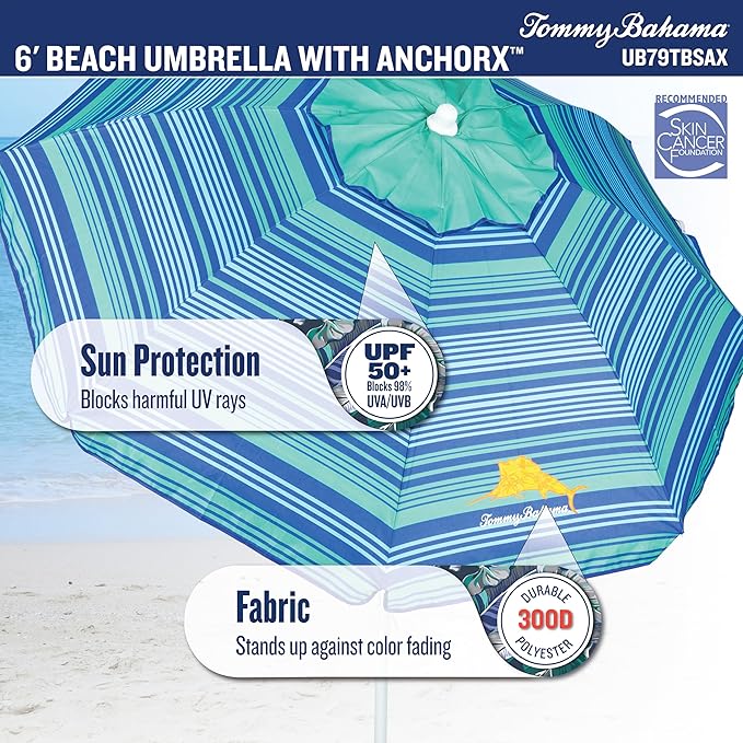 Tommy Bahama ANCHORX Adjustable Beach Umbrella Base System with Sand Anchor and Carrying Bag, SPF 50+ Protection Portable Outdoor Market Umbrella