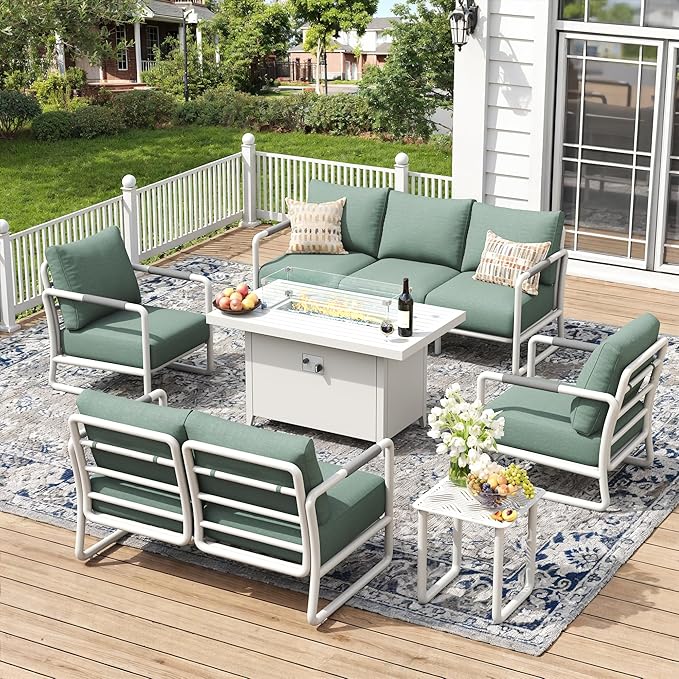 Outdoor Aluminum Patio Furniture Set, 7-Seats Patio Conversation Sofa Set with Oversized Fire Pit Table w/Glass Wind Guard, All Weather for Balcony, Garden-White