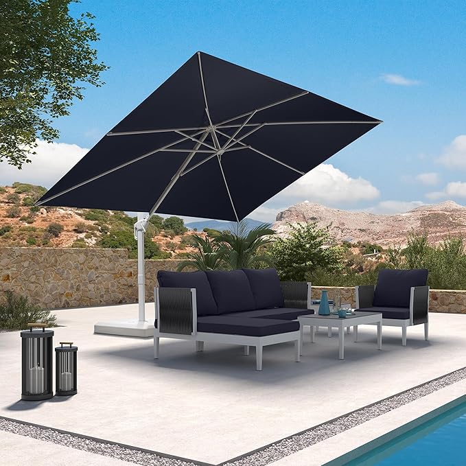 PURPLE LEAF 9' × 11.5' Patio Umbrella White Cantilever Umbrella Aluminum Square Outdoor Offset Umbrella Hanging Windproof with 360° Rotation for Garden Deck Pool, Navy Blue