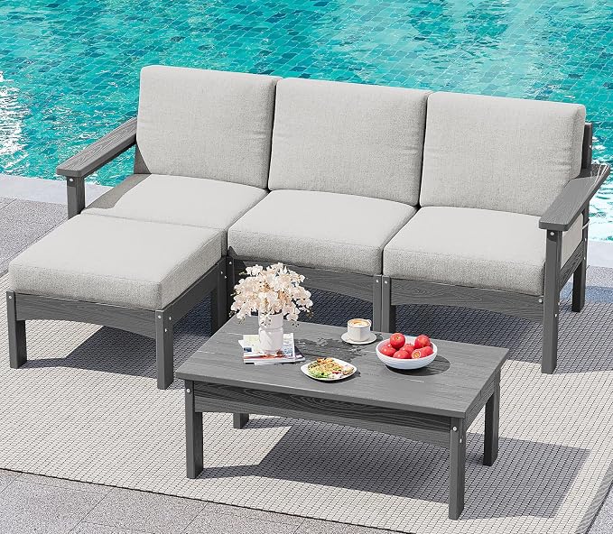 SERWALL 5-Piece Patio Sofas, All-Weather HDPE Outdoor Sectional Sofa with Cushions and Coffee Table, Large Modular Patio Conversation Set for Garden, Lawn, Deck, Porch, Grey Frame with Khaki Cushion