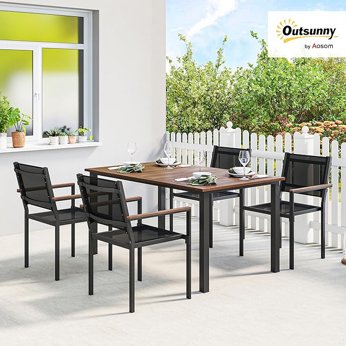 Outsunny 5 Piece Outdoor Dining Set, Outdoor Table and Chairs for 4, 59" Rectangular Acacia Wood Tabletop and 352 LBS Mesh Stackable Chairs, Patio Set for Garden, Backyard, Deck, Teak