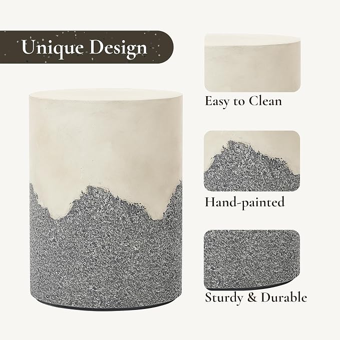 LuxenHome Gray and Cream Cement Round Outdoor Side Table, Set of 2
