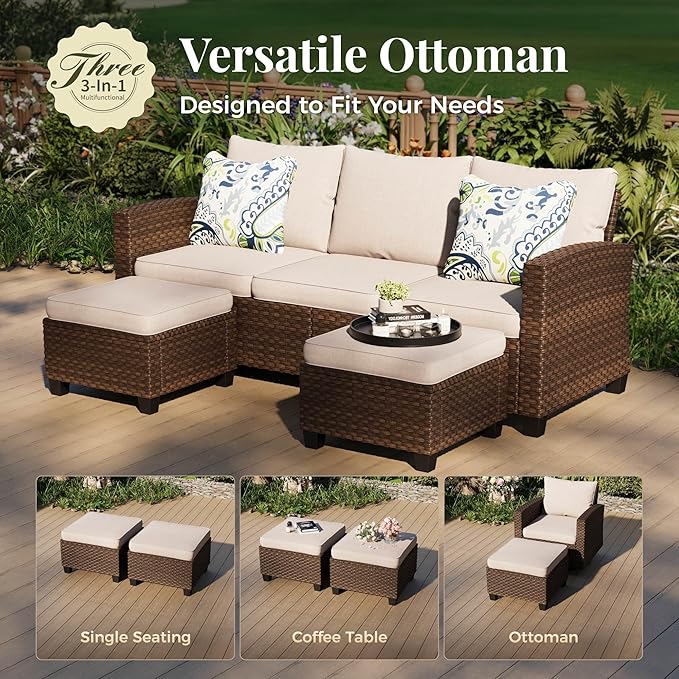 Patio Furniture Set, 6 Pcs Wicker Rattan Outdoor Conversation Set, 2 x Leg Chairs, 1 x 3 Seater Sofa and 2 x Ottoman with 4" Thick Cushion and 56" Fire Pit Table, Beige