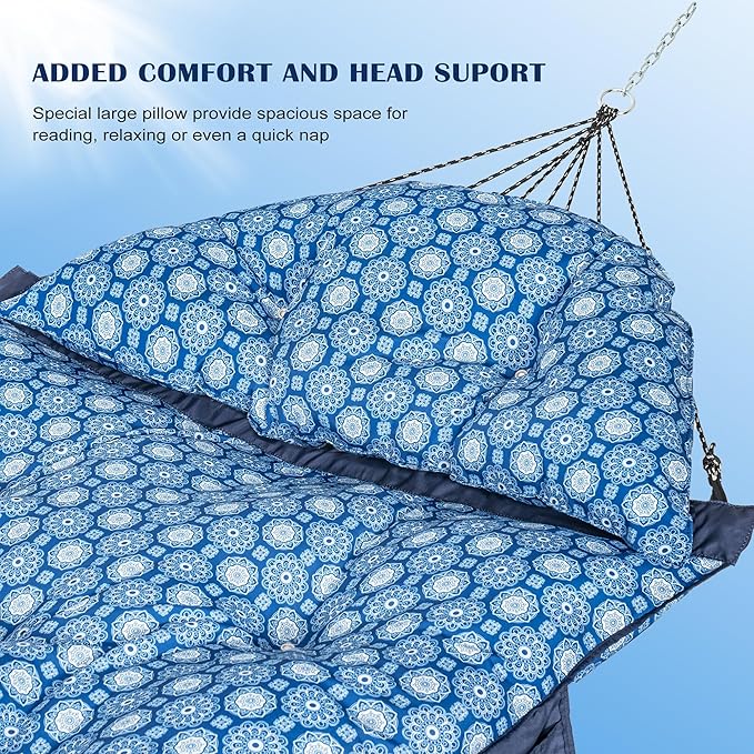 Lazy Daze Hammocks Deluxe 12 FT Tufted Hammock with Soft Detachable Pillow & Side Pocket, Outside Double Curved Aluminium Spreader Hammock, 450 Lbs Capacity for Patio, Blue Floral