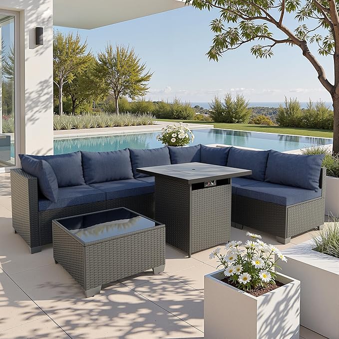 8 Piece Patio Furniture Set with 50000 BTU Fire Pit Table, Wicker Outdoor Patio Conversation Set with Propane Fire Pit, Waterproof Rattan Patio Couch Set for Backyard, Deck & Garden
