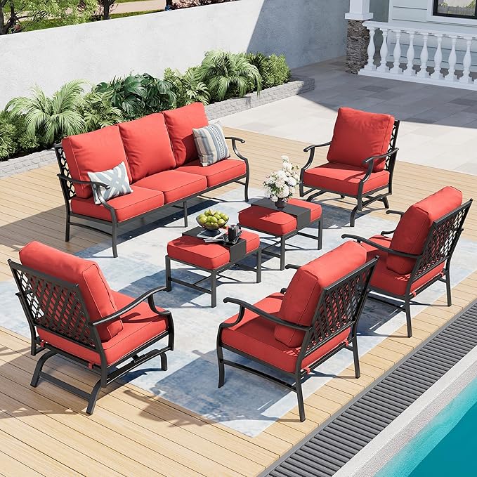 7 Piece Metal Outdoor Patio Furniture Sets, Patio Conversation Sets 1 3-Seater Sofa, 2 Fixed Chair, 2 Rocking Chair, 2 Ottomans with 5.75" Thick Cushion, Black Backyard Furniture, Red