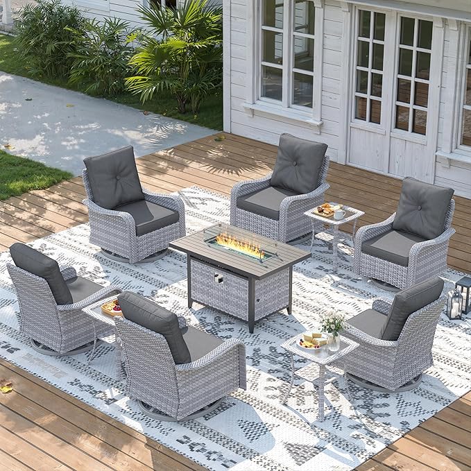 10 Piece Wicker Patio Furniture Set with 55,000 BTU Fire Pit Table, Swivel Rocking Chairs, 4''Cushions, PE Rattan, Wind Guard Glass, for Backyard, Deck or Balcony, Black