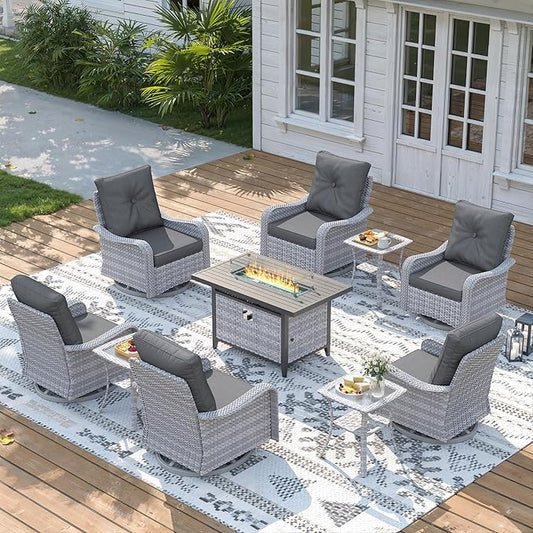 10 Piece Wicker Patio Furniture Set with 55,000 BTU Fire Pit Table, Swivel Rocking Chairs, 4''Cushions, PE Rattan, Wind Guard Glass, for Backyard, Deck or Balcony, Black