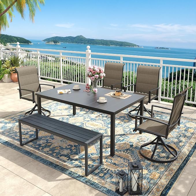6 Pieces Outdoor Dining Set, Patio Table and Chairs Set with 53" Garden Bench for 6-7 People, 63" Outdoor Dining Table and Padded Swivel Patio Chairs for Deck Backyard, Mixed Brown and Black