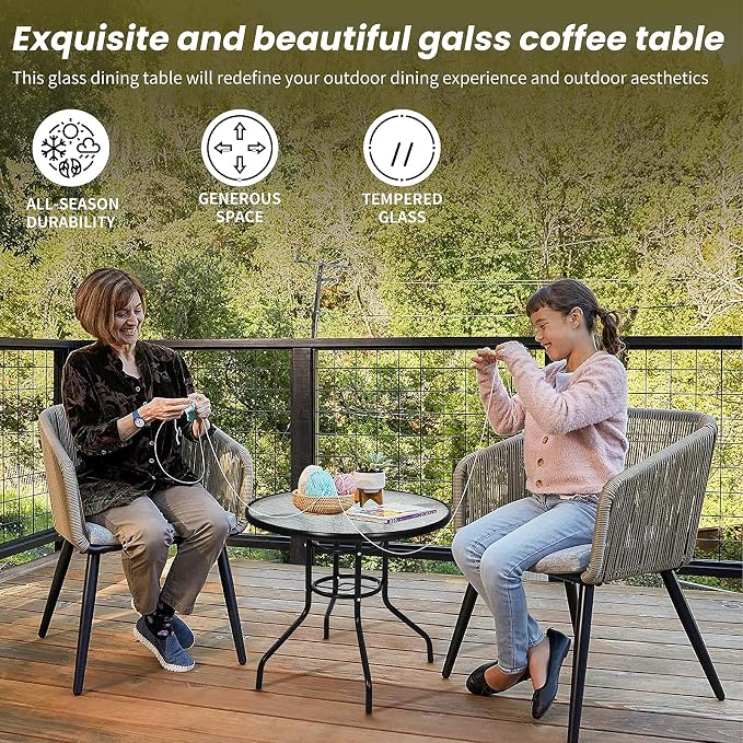 32" Outdoor Patio Table with Umbrella Hole Round Outdoor Coffee Table Tempered Glass Top, All Weather Dining Table Bistro Table Suitable for Backyards, Balconies, Gardens and Lawns (Round)