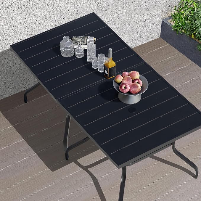 NUU GARDEN Outdoor Patio Dining Table, 4-Person Steel Slat Square Table, Modern Black Backyard Bistro Table with Umbrella Hole