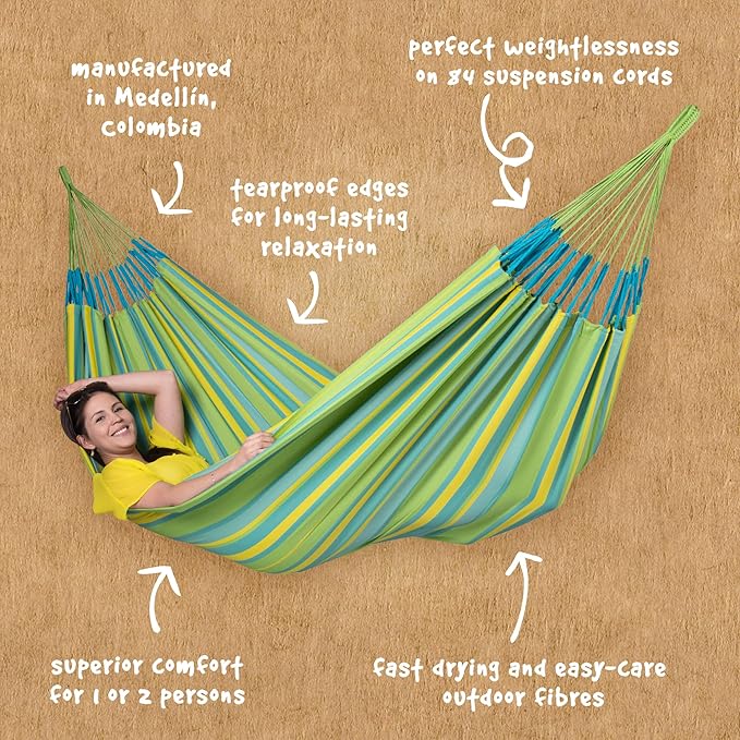 La Siesta Large Double Brisa Classic Hammock - Outdoor & Indoor Hammock Swing, Handmade, Weather & Tear Resistant, Lime