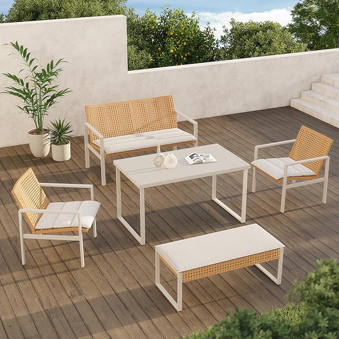 Grand patio 5-piece Outdoor Dining Set, Wicker Patio Dining Table Set for 6 with Seat Cushion, Modern Metal Outdoor Furniture Loveseat Chairs Bench Set for Backyard Garden Deck