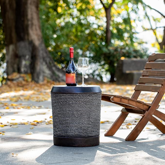Outdoor Side Table, Small Round Pedestal End Table with Rope Texture & Vintage Trim, Farmhouse Boho Accent Table for Indoor Outdoor Living Room Bedroom Patio, No Assembly, 15.7" D x 18.1" H