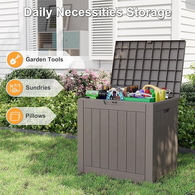 32 Gallon Outdoor Storage Box, Waterproof Resin Deck Box with Lockable Lid – Storage Cabinet for Patio Furniture, Pool Supplies, Garden Tools – Indoor & Outdoor Use