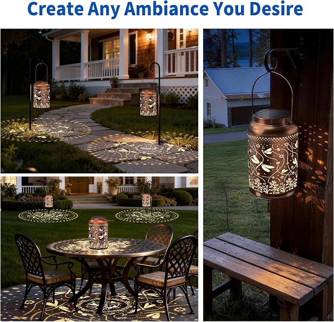 JEJOT Dragonfly Solar Lanterns Outdoor Waterproof,Birthday Gift for Women | Gifts for Mom Grandma, Metal Hanging Solar Light for Yard Garden Porch Landscape Deconration-1Pack
