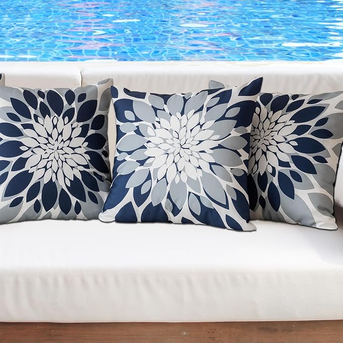 Pack of 4 Outdoor Waterproof Pillow Covers 20x20 Decorative Outdoor Throw Pillows Garden Square Cushion Cases for Patio Furniture, Couch, Tent Sunbrella, Bench, Navy Blue Grey