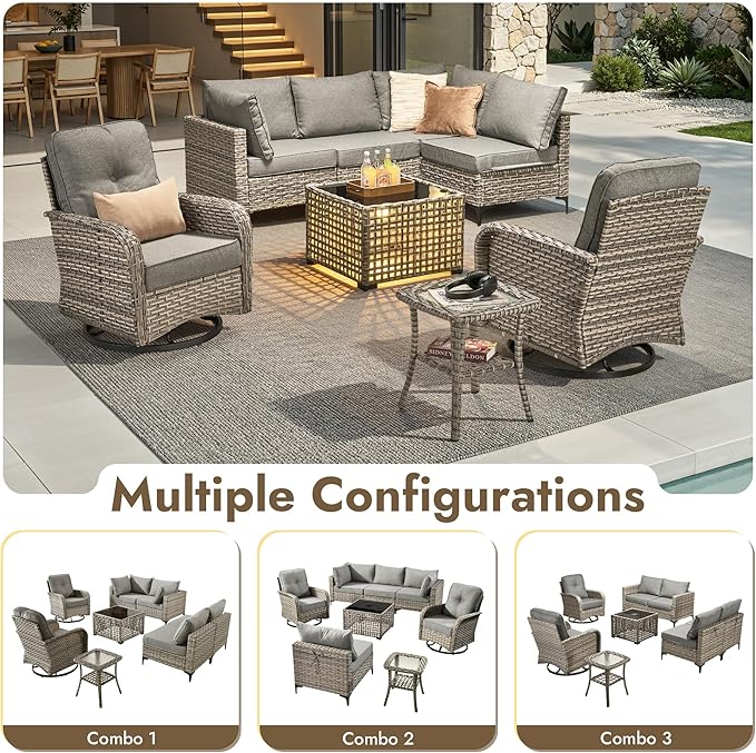 8 Pieces Outdoor Sectional Patio Furniture Set with Swivel Rocking Chairs,Conversation Sets Rattan Wicker L Shaped Couch,Modular Outdoor Sofa for Porch Balcony Backyard Dark Grey