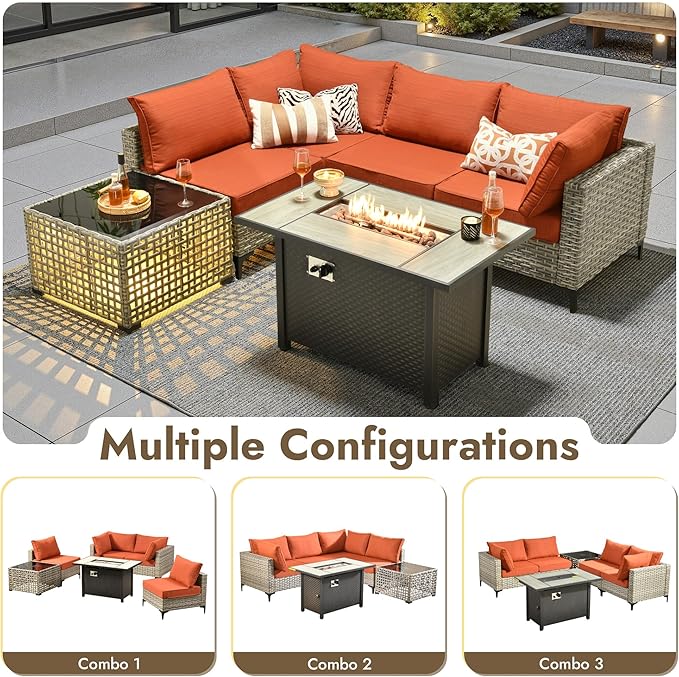 6 Pieces Patio Furniture Set with 42" Fire Pit, All-Weather Rattan Outdoor Sectional Conversation Sets L Shaped Sofas with Solar Light Coffee Table for Porch Balcony Backyard Orange