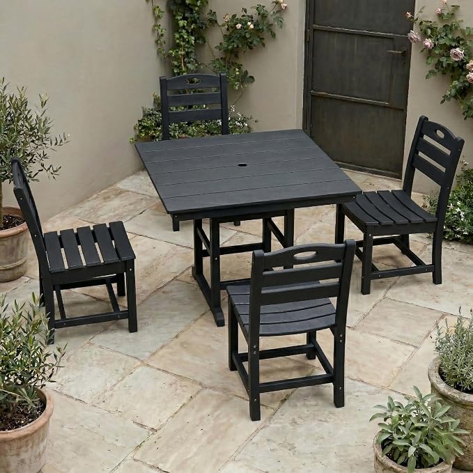 WILLIAMSPACE 37.8" Outdoor Patio Dining Set with 4 Armless Chairs, All Weather HDPE Square Dining Table with Umbrella Hole, Patio 5-Piece Bistro Set for Backyard, Balcony, Lawn, Kitchen (Black)