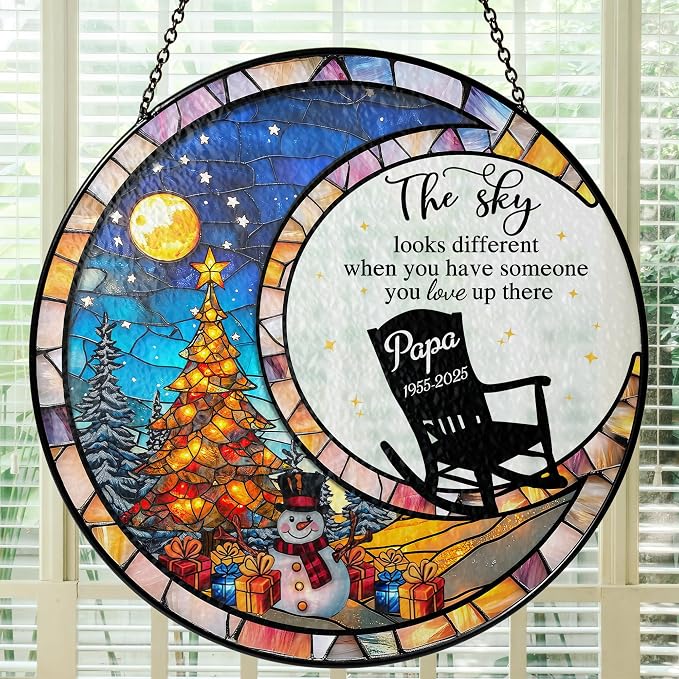Personalized Memorial Stained Glass Suncatcher — “Forever in Our Hearts” Christmas Ornament, in Loving Memory Gift, Custom Photo Remembrance Keepsake for Loss of Loved One