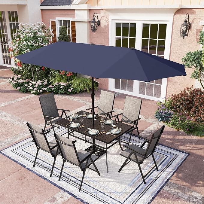 PHI VILLA Outdoor Dining Set with Umbrella for 6, Patio Dining Set with Metal Table, Adjustable Grey Folding Chairs & Navy Blue Umbrella for Garden Deck Yard (No Umbrella Base)