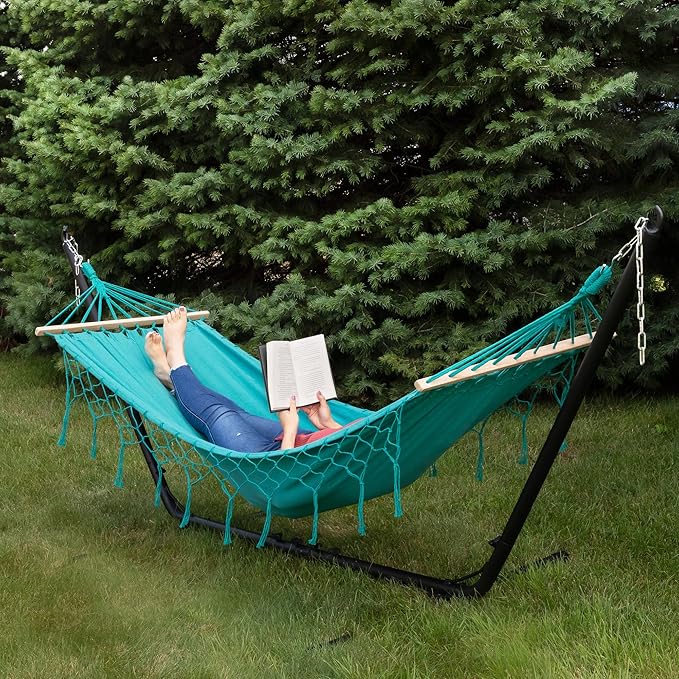 Hammock with Netted Fringe and Wooden Bars - 100" x 41" - Teal Green