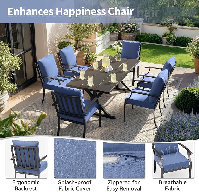 Kullavik 7 Pcs Outdoor Dining Set,Patio Dining Table and Chairs Set for 6,Fence Pattern Back Chairs with Thickened Cushions & X-Frame Metal Dining Table with Umbrella Hole for Patio,Navy Blue