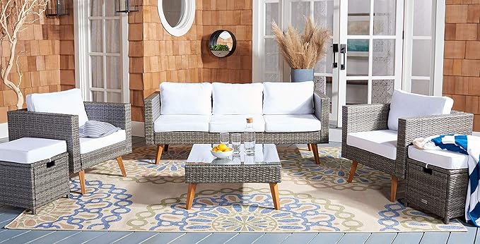 SAFAVIEH Outdoor Collection Presla Grey Brown/White 6-Piece Patio Living Set PAT7715C-3BX