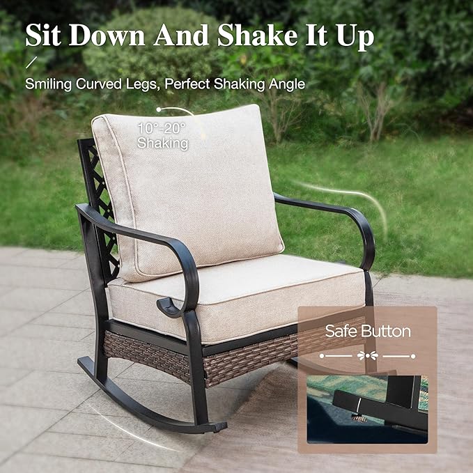 HERA'S HOUSE 5 Piece Metal Patio Furniture Set with 56" Fire Pit Table, All Weather Outdoor Conversation Set, 3 Seat Sofa with Loveseat, 2 Rocking Chairs, Seats 7 for Backyard, Garden, Deck, Beige