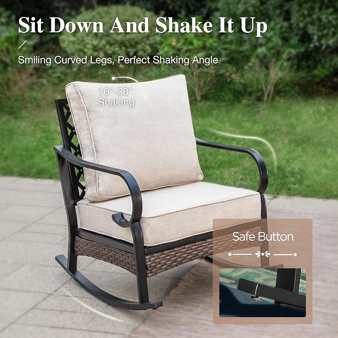 HERA'S HOUSE 4 Piece Metal Patio Furniture Set, All Weather Outdoor Conversation Set with 3 Seat Sofa, 2 Rocking Chairs & Coffee Table, Seats 5 for Backyard, Garden, Deck, Beige