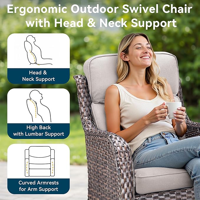 Luxury Wicker Patio Furniture Set-High Back Outdoor Swivel Chairs Set of 2 with 6" Thick Cushions Wide Armrest All Weather Patio Conversation Sets for Deck Porch Balcony(Brown/Beige)