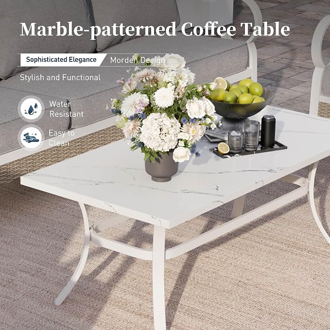 SUNSHINE VALLEY 5 PCS Metal Outdoor Patio Furniture Set, Patio Conversations Sets 3-Seater Couch, 2-Seater Sofa, 2 Rocking Sofa with 5.75" Thick Cushion and Coffee Table White Backyard Furniture, Gray