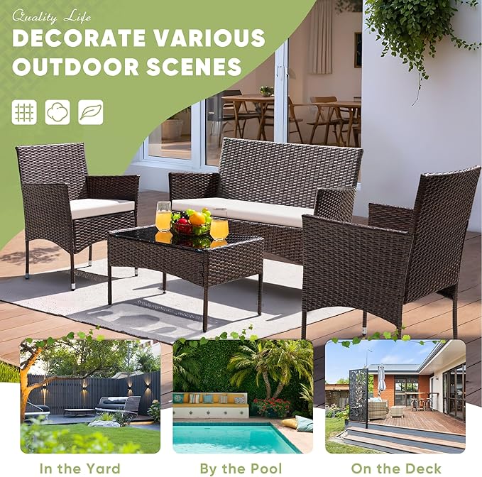 Greesum Patio Furniture 4 Pieces Conversation Sets Outdoor Wicker Rattan Chairs Garden Backyard Balcony Porch Poolside loveseat with Cushion and Glass Table, Brown and Beige