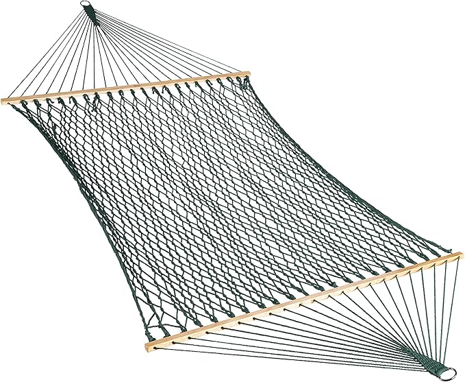 Bliss Hammocks BH-410GR 60in Wide Cotton Rope Hammock, Indoor Outdoor Poolside Patio Backyard Hammock, Includes Chains & Hooks, Eco Friendly Polyester, Hardwood Spreader, 450 Pound Capacity, Green